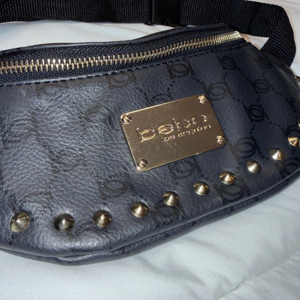 Bebe Los Angeles Black Logo Studded Belt Bag Fanny Pack Gold Hardware Y2K Luxury